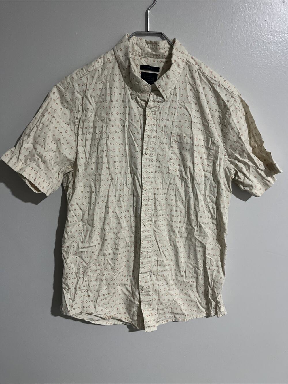 14th and Union Button Up Shirt Large Men's Short Sleeve 70s Style beige Trim Fit